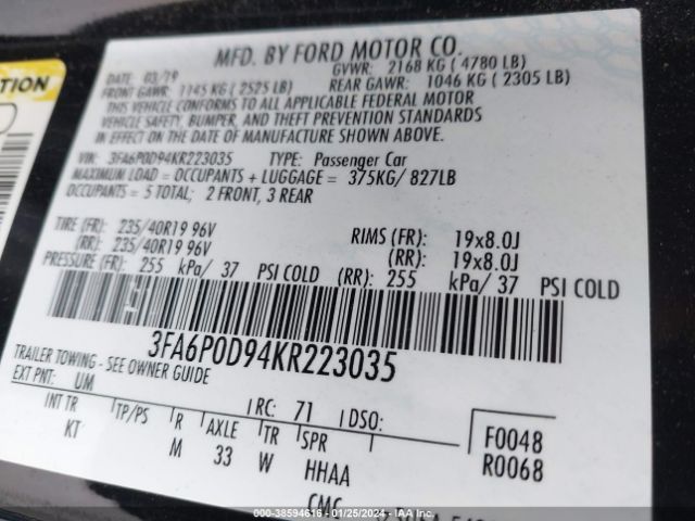 Photo 8 VIN: 3FA6P0D94KR223035 - FORD FUSION 