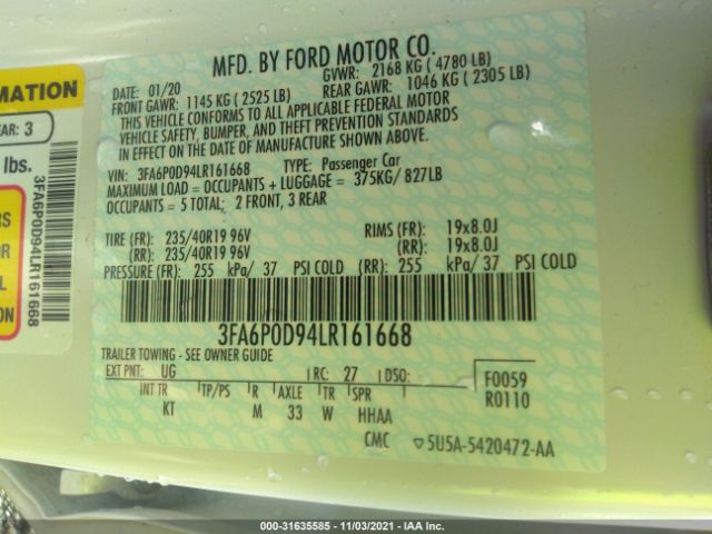 Photo 8 VIN: 3FA6P0D94LR161668 - FORD FUSION 