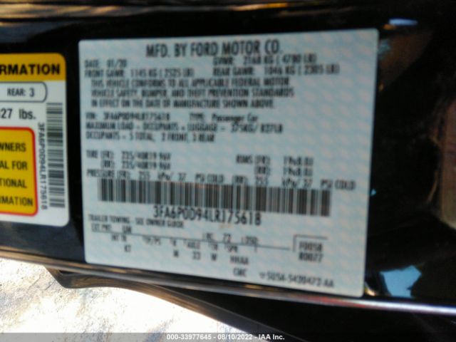 Photo 8 VIN: 3FA6P0D94LR175618 - FORD FUSION 