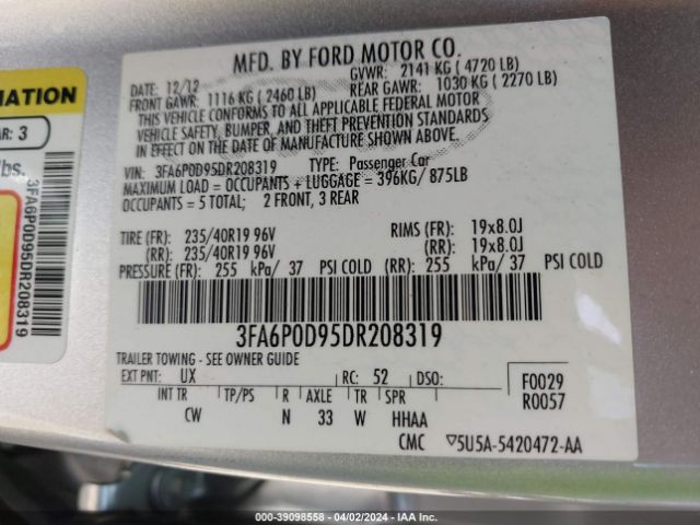 Photo 8 VIN: 3FA6P0D95DR208319 - FORD FUSION 