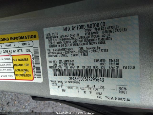 Photo 8 VIN: 3FA6P0D95FR295643 - FORD FUSION 