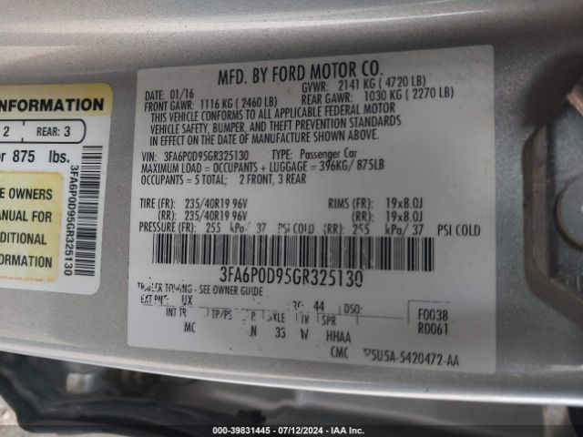 Photo 8 VIN: 3FA6P0D95GR325130 - FORD FUSION 