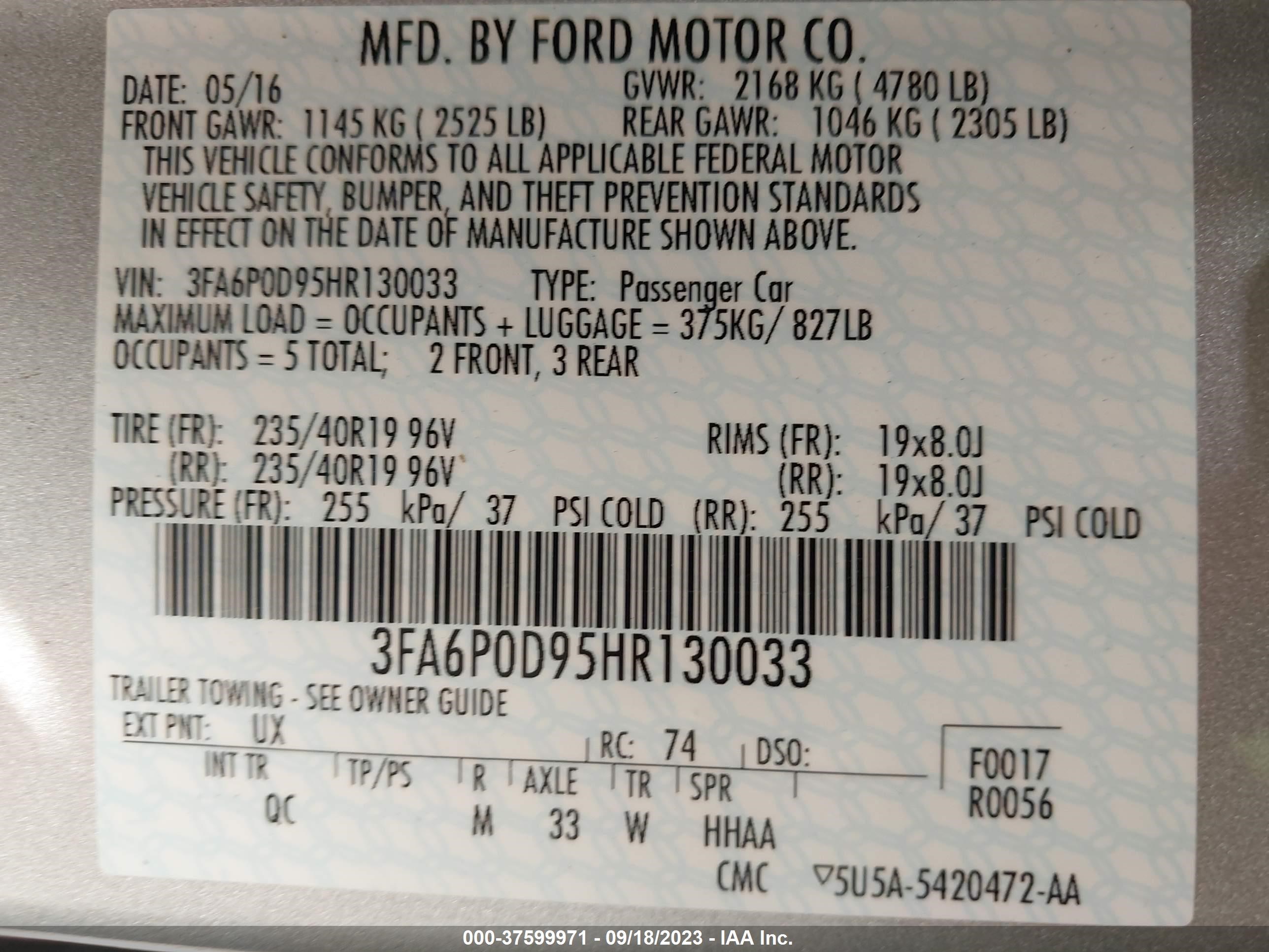 Photo 8 VIN: 3FA6P0D95HR130033 - FORD FUSION 