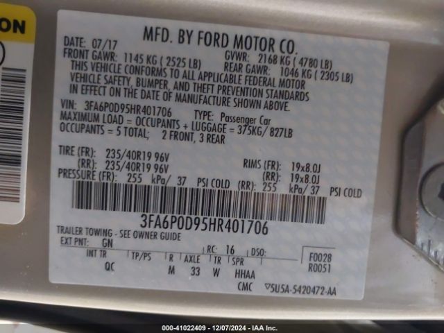 Photo 8 VIN: 3FA6P0D95HR401706 - FORD FUSION 