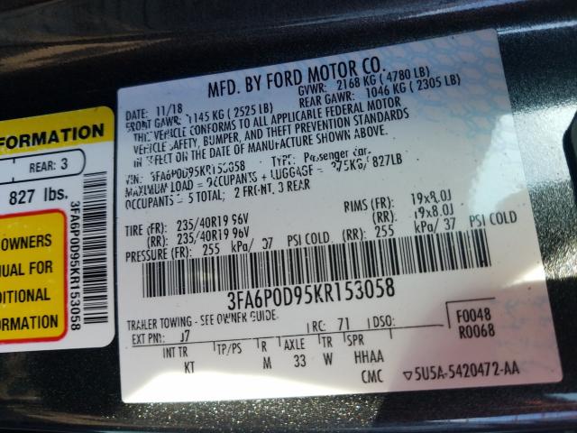 Photo 9 VIN: 3FA6P0D95KR153058 - FORD FUSION TIT 