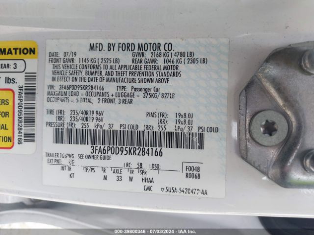 Photo 8 VIN: 3FA6P0D95KR284166 - FORD FUSION 