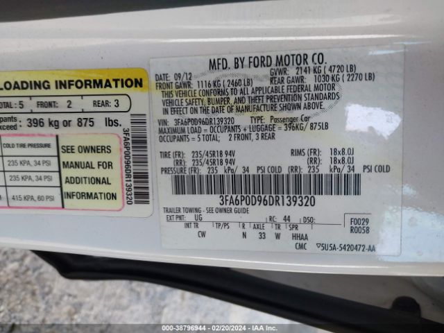 Photo 8 VIN: 3FA6P0D96DR139320 - FORD FUSION 