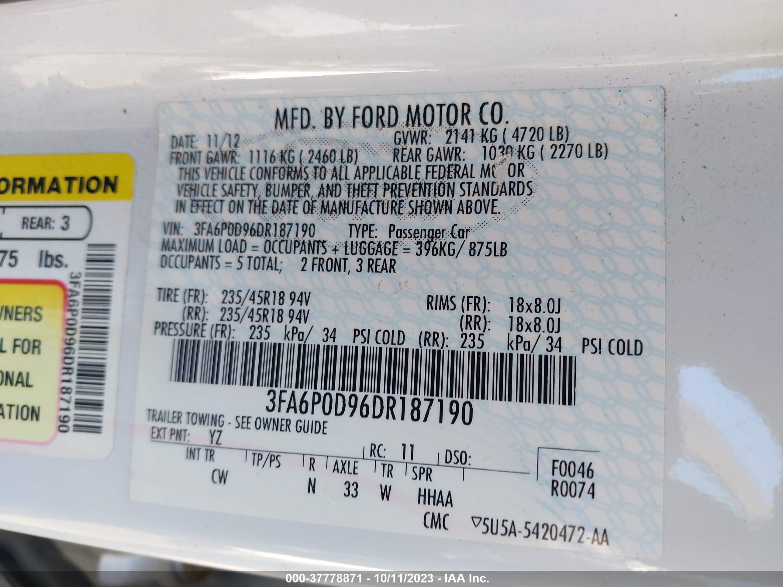 Photo 8 VIN: 3FA6P0D96DR187190 - FORD FUSION 