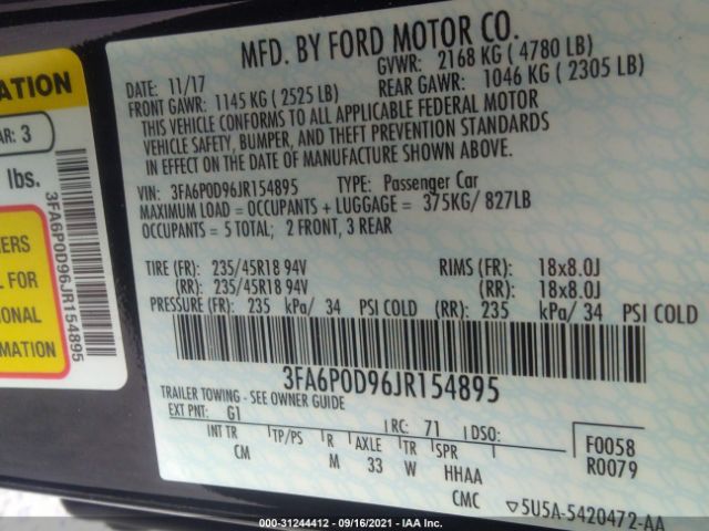 Photo 8 VIN: 3FA6P0D96JR154895 - FORD FUSION 