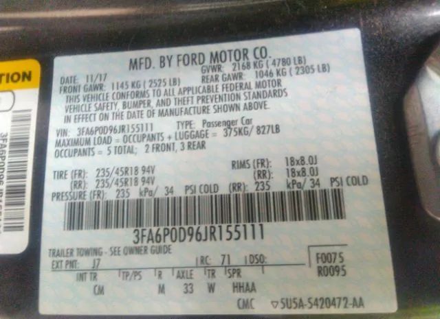 Photo 8 VIN: 3FA6P0D96JR155111 - FORD FUSION 