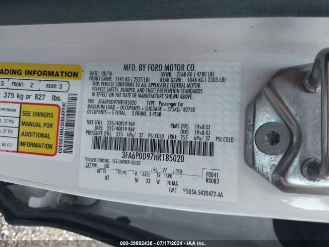 Photo 8 VIN: 3FA6P0D97HR185020 - FORD FUSION 