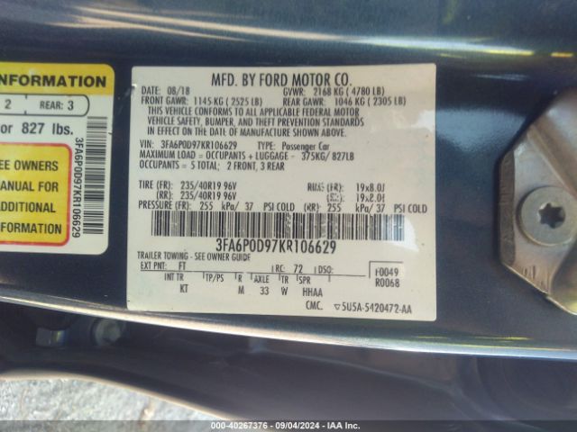 Photo 8 VIN: 3FA6P0D97KR106629 - FORD FUSION 