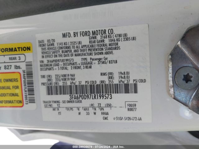 Photo 8 VIN: 3FA6P0D97LR199573 - FORD FUSION 