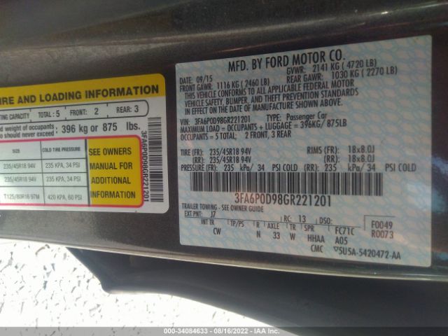 Photo 8 VIN: 3FA6P0D98GR221201 - FORD FUSION 