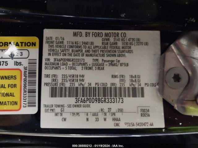 Photo 8 VIN: 3FA6P0D98GR333173 - FORD FUSION 