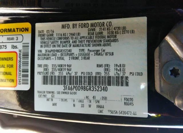 Photo 8 VIN: 3FA6P0D98GR352340 - FORD FUSION 