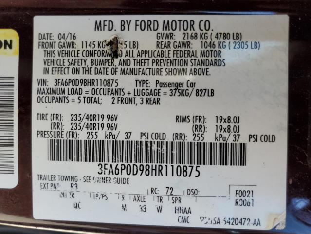 Photo 12 VIN: 3FA6P0D98HR110875 - FORD FUSION 