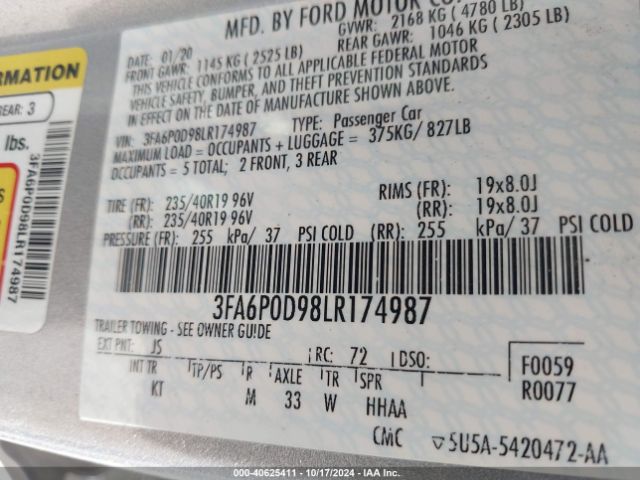 Photo 8 VIN: 3FA6P0D98LR174987 - FORD FUSION 