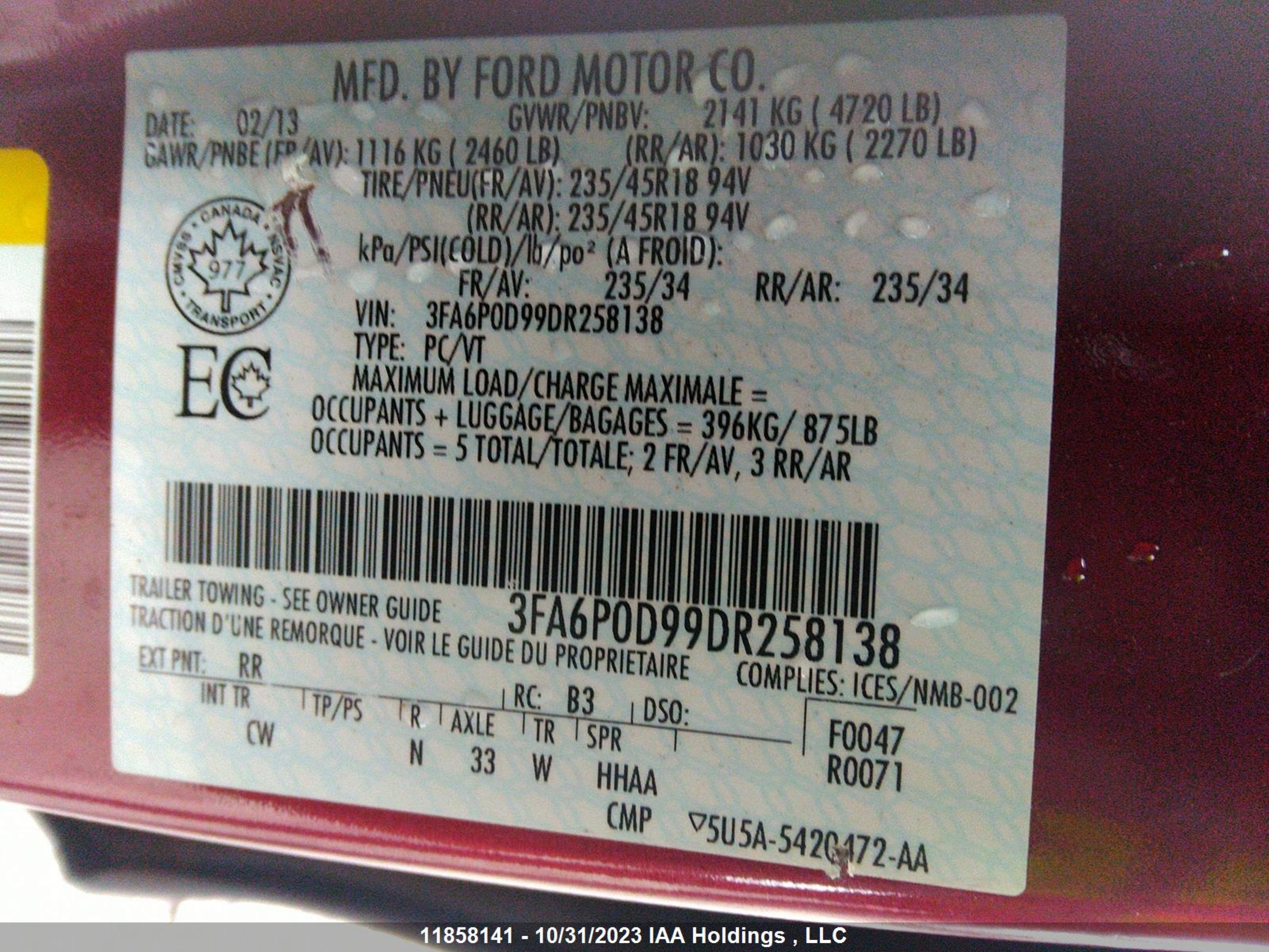 Photo 8 VIN: 3FA6P0D99DR258138 - FORD FUSION 