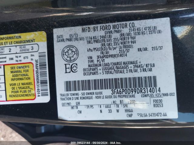 Photo 8 VIN: 3FA6P0D99DR314014 - FORD FUSION 