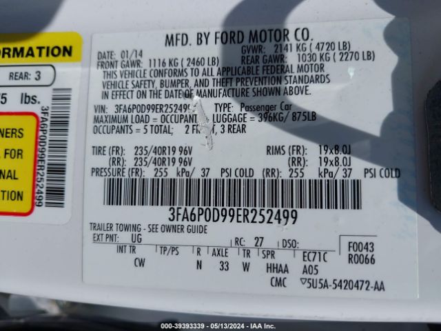 Photo 8 VIN: 3FA6P0D99ER252499 - FORD FUSION 