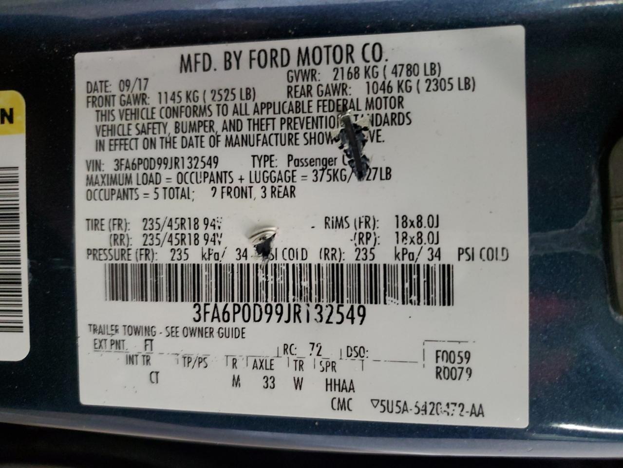 Photo 12 VIN: 3FA6P0D99JR132549 - FORD FUSION 