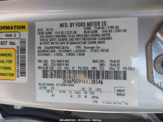 Photo 8 VIN: 3FA6P0D99KR138546 - FORD FUSION 