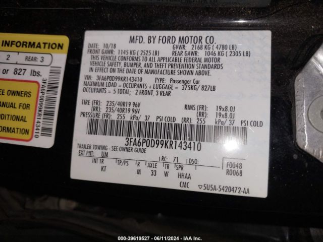 Photo 8 VIN: 3FA6P0D99KR143410 - FORD FUSION 