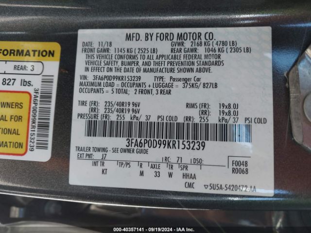 Photo 8 VIN: 3FA6P0D99KR153239 - FORD FUSION 