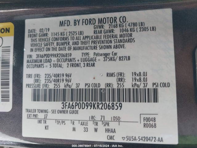 Photo 8 VIN: 3FA6P0D99KR206859 - FORD FUSION 