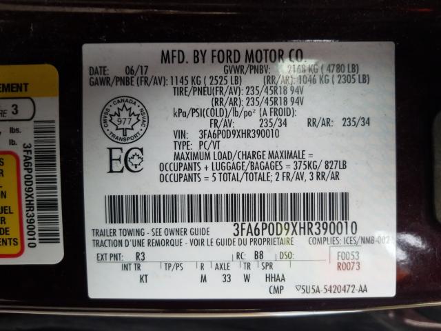 Photo 9 VIN: 3FA6P0D9XHR390010 - FORD FUSION TIT 