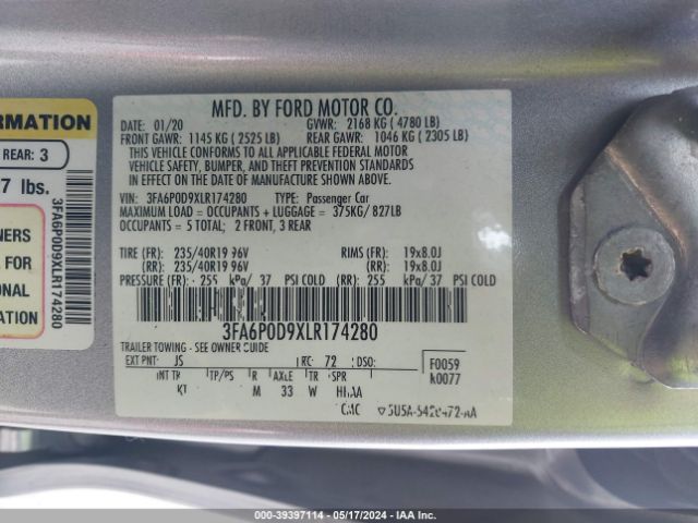 Photo 8 VIN: 3FA6P0D9XLR174280 - FORD FUSION 