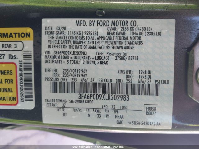 Photo 8 VIN: 3FA6P0D9XLR202983 - FORD FUSION 