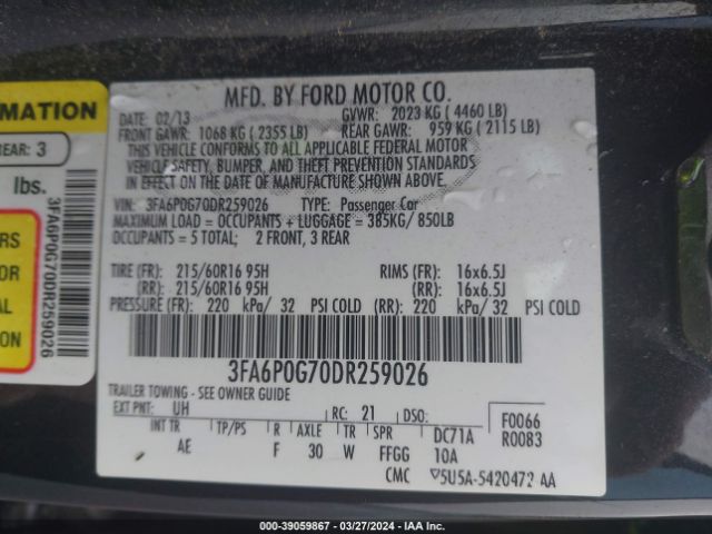 Photo 8 VIN: 3FA6P0G70DR259026 - FORD FUSION 