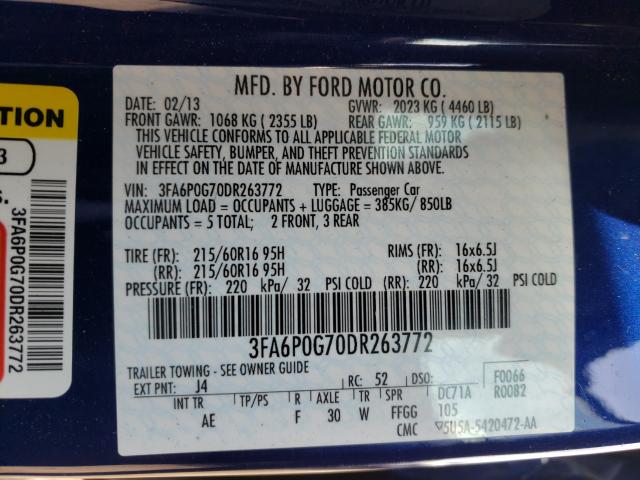 Photo 9 VIN: 3FA6P0G70DR263772 - FORD FUSION S 