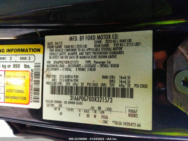 Photo 8 VIN: 3FA6P0G70DR321573 - FORD FUSION 