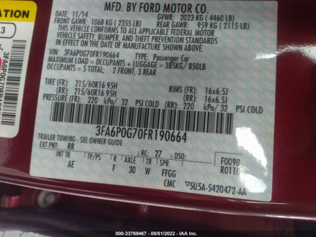 Photo 8 VIN: 3FA6P0G70FR190664 - FORD FUSION 