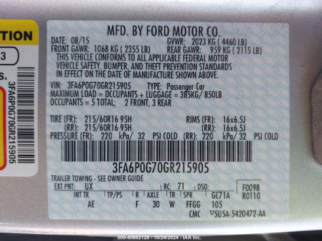 Photo 8 VIN: 3FA6P0G70GR215905 - FORD FUSION 