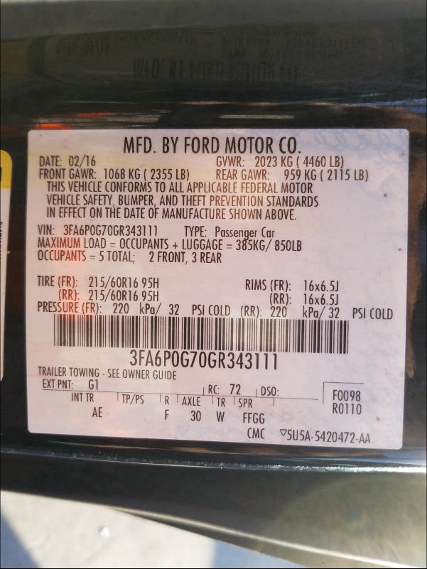 Photo 9 VIN: 3FA6P0G70GR343111 - FORD FUSION S 