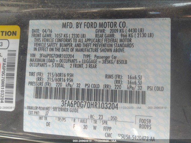 Photo 8 VIN: 3FA6P0G70HR103204 - FORD FUSION 