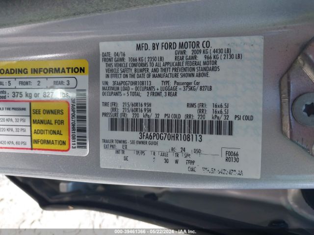 Photo 8 VIN: 3FA6P0G70HR108113 - FORD FUSION 