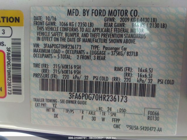 Photo 8 VIN: 3FA6P0G70HR236173 - FORD FUSION 