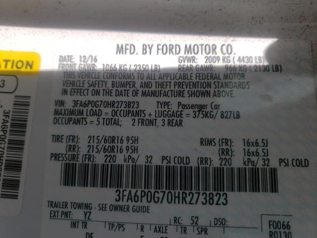 Photo 9 VIN: 3FA6P0G70HR273823 - FORD FUSION S 