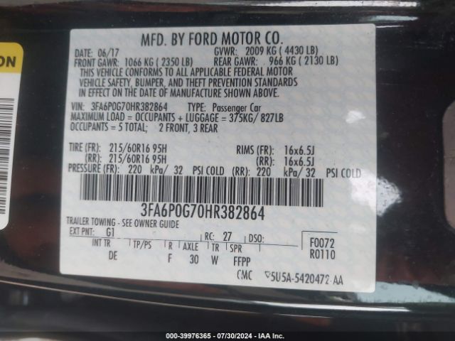 Photo 8 VIN: 3FA6P0G70HR382864 - FORD FUSION 