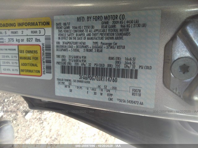 Photo 8 VIN: 3FA6P0G70JR114760 - FORD FUSION 