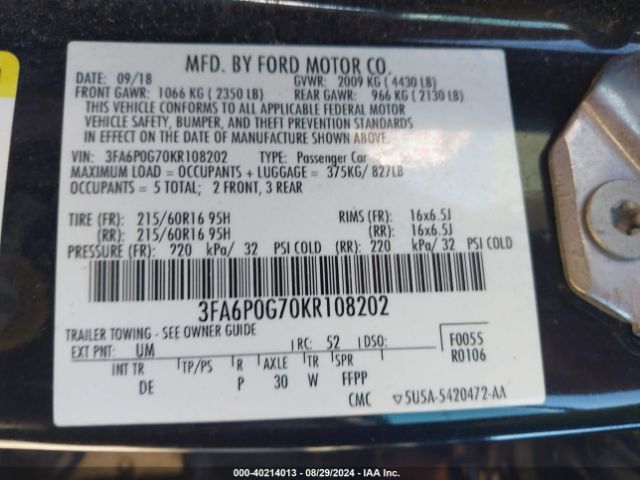 Photo 8 VIN: 3FA6P0G70KR108202 - FORD FUSION 