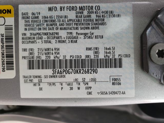 Photo 9 VIN: 3FA6P0G70KR268290 - FORD FUSION S 