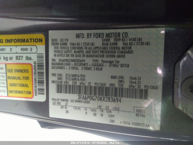 Photo 8 VIN: 3FA6P0G70KR283694 - FORD FUSION 