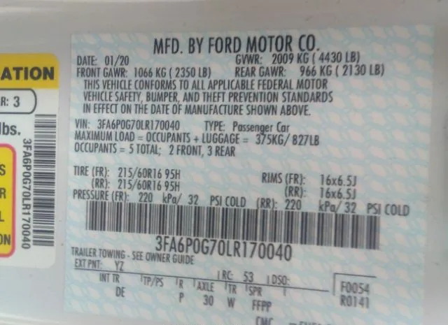 Photo 8 VIN: 3FA6P0G70LR170040 - FORD FUSION 