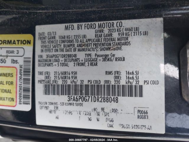 Photo 8 VIN: 3FA6P0G71DR288048 - FORD FUSION 